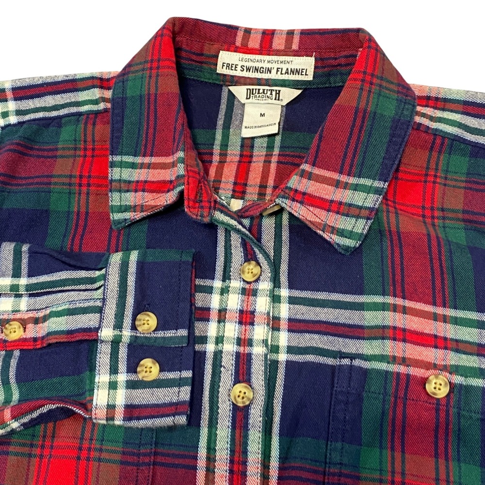 Duluth Trading Co Free Swingin Flannel‎ Shirt Mens Medium Plaid Cotton Navy Red